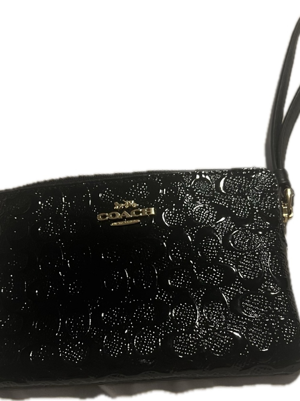 Coach Corner Zip Wristlet Signature Debossed Black Patent Leather